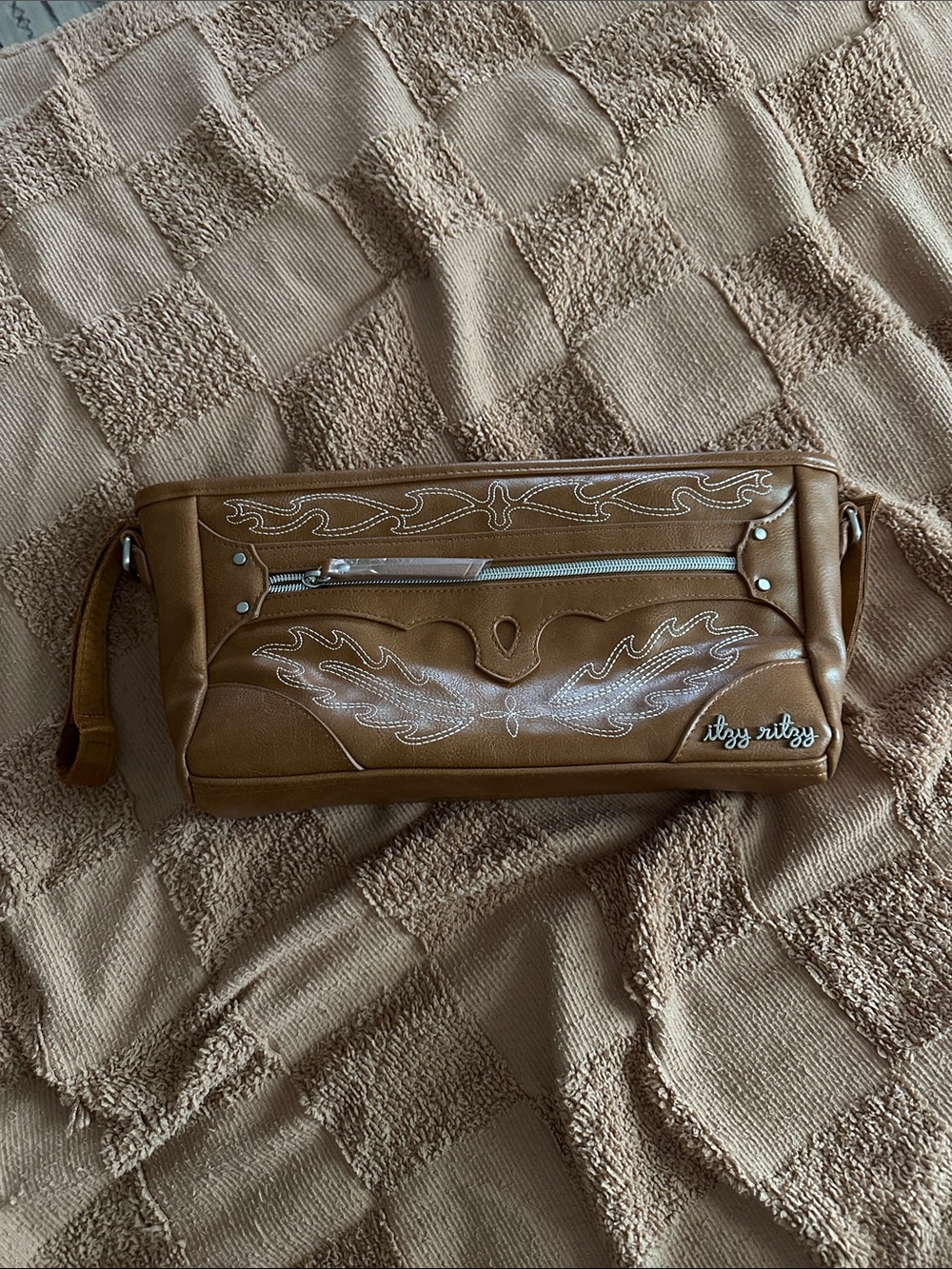 Itzy Ritzy Tan Embroidered Wristlet Clutch